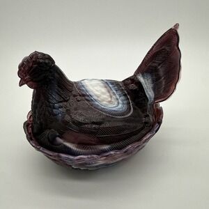Hen On A Nest Vintage Mosser Glass Purple And White Slag Cambridge, Ohio 6" L
